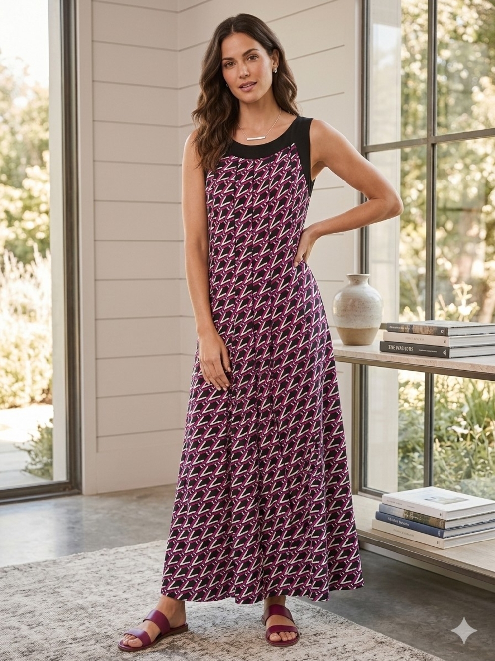 Perceptions NY Geometric Print Maxi Dress with Black Trim - Pink